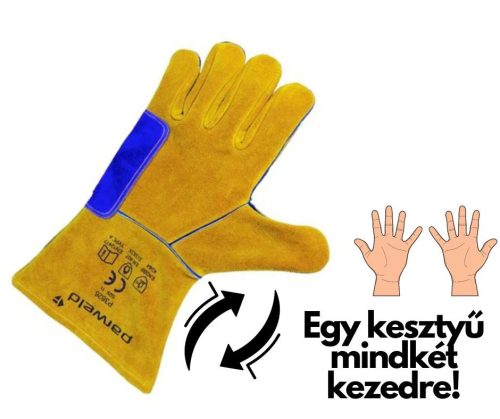 Panther MIG hegesztőkesztyű, megfordítható, marhabőr, 11-es, sárga/lila (jobbkezes és balkezes)