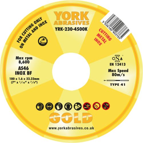 York Abrasives Gold - 180X1.6X22.23MM AS46 INOX BF VÁGÓKORONG